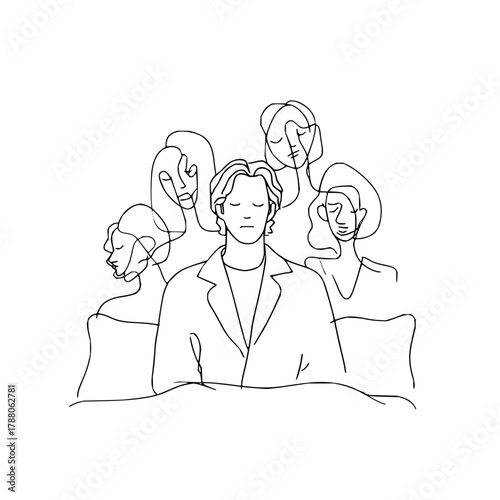 Line art illustration of a man in bed surrounded by abstract female faces in a dreamlike state of mind