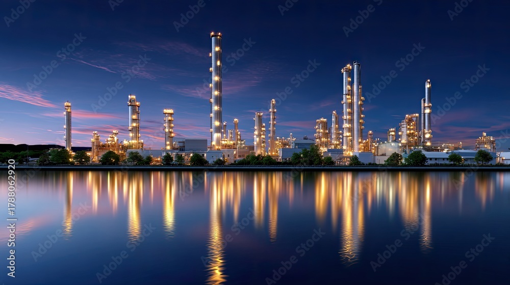 Naklejka premium Industrial refinery at dusk reflecting on calm water with lights glowing in the dark sky, showcasing modern energy production and technological advancement