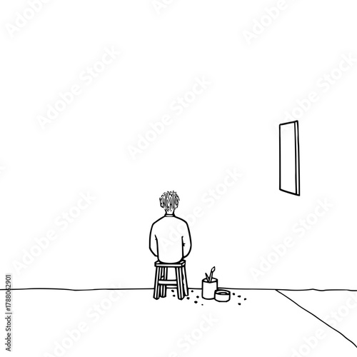 A lone artist sits on a stool in a minimalist room contemplating a blank canvas on the wall ahead of him
