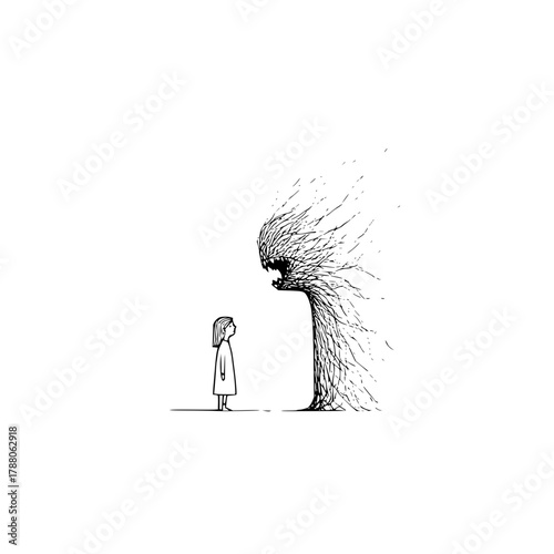A young girl faces a looming monster made of branches in a stark black and white illustration style image