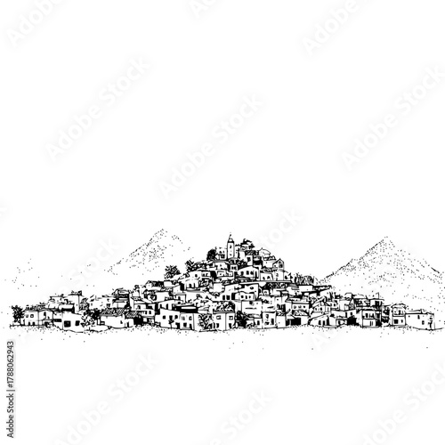 Illustration of a hilltop village with a church tower and surrounding mountains in black and white ink style