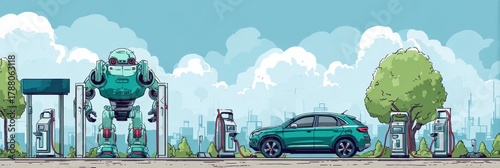 Robot Performs Autonomous Car Check at a Futuristic Service Station in a Bustling City Environment