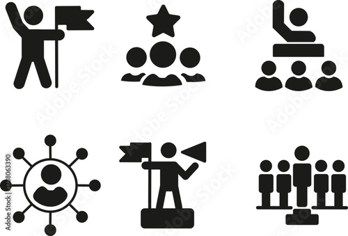 Leadership icon set. Human organization leader teamwork structure hierarchy. Mentorship, coaching, charisma, head, lead, chairman, manager.