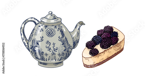 Hand drawn vintage sketch of porcelain teapot and blackberry cheesecake dessert in color and monochrome version, isolated vector illustration