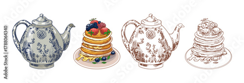 Hand drawn vintage sketch of porcelain teapot and pancakes with berries and honey in color and monochrome version, isolated vector illustration