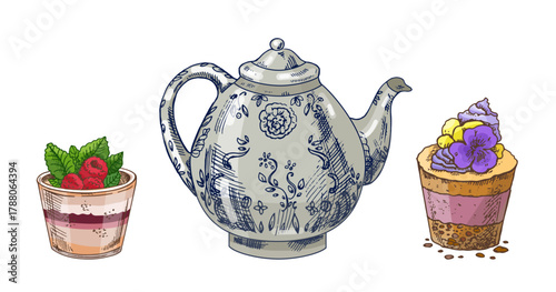 Hand drawn vintage sketch of porcelain teapot with layered berry dessert and floral cupcake, isolated vector illustration