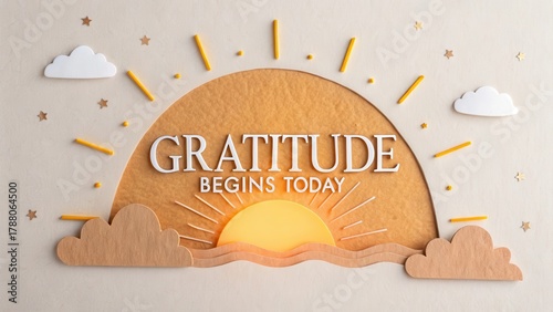 Wooden sunrise cutout with words of gratitude and sunlight