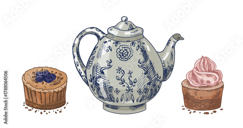 Hand drawn vintage sketch of porcelain teapot with blueberry tart and chocolate dessert, isolated vector illustration