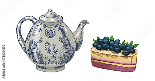 Hand drawn vintage sketch of porcelain teapot with blueberry cake slice, isolated vector illustration