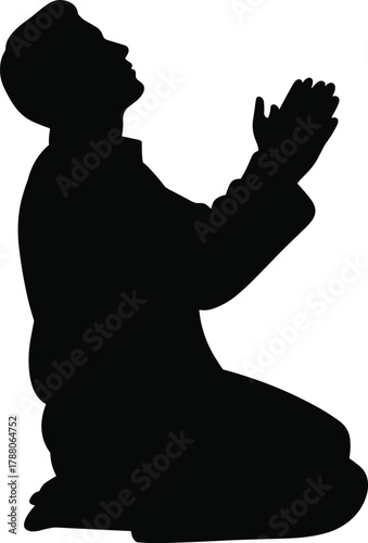 Silhouette of person kneeling in prayer, spiritual devotion concept, religious worship illustration, meditation posture, flat vector