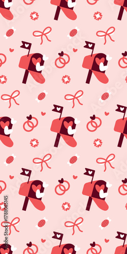 Whimsical Valentines Pattern with Mailboxes, Rings, and Candy Valentines Day seamless pattern Vertical social media stories reels design element, 14 February and anniversary. Vertical poster