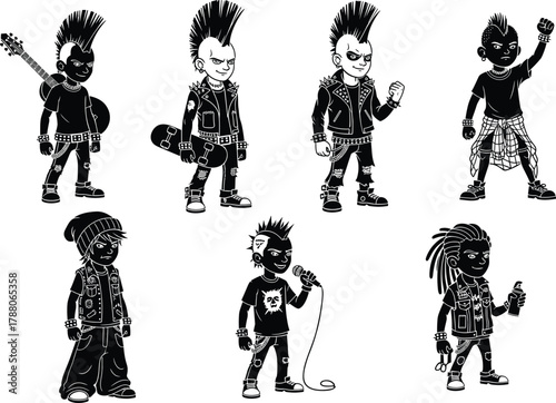 Punk silhouette characters with mohawks, leather jackets, guitars, skateboards, rebellious fashion poses, subculture illustration, flat vector