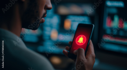 Dangerous notification floating in the air on smartphone screen, Dangerous warning alarm notification