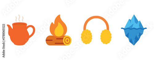 Cozy symbols: teapot, fire, earmuffs, iceberg illustrated collection