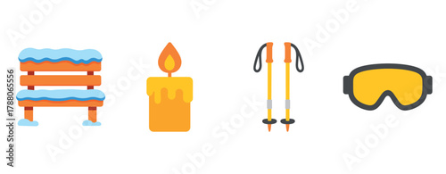 Winter elements: snowy bench, candle, ski poles, goggles illustration