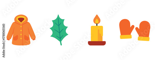Cozy symbols of autumn: jacket, leaf, candle, mittens