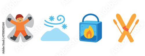 Winter fun icons: snow angel, snow drift, lantern, crossed skis