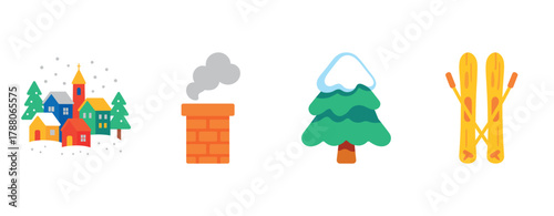 Winter icons: snowy village, chimney, pine tree, skis illustration