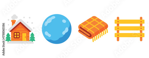 Winter cabin, blue sphere, cozy blanket, yellow fence icons on white background