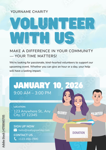 Volunteer event poster with date, time, and contact information.