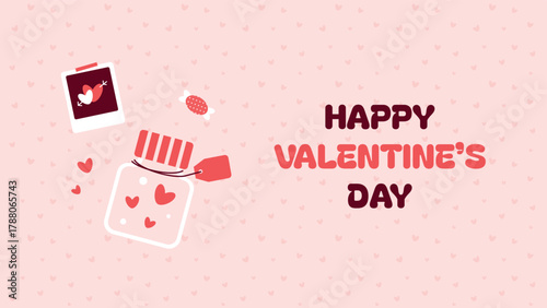 Horizontal valentine day banner. Vector horizontal advertising background for February 14. Cute illustrations poster, greeting cards, headers, website. Jar with hearts, photo frame, candy