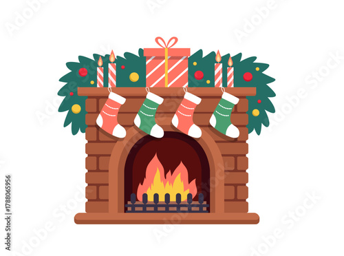 Living room fireplace with christmas decoration isolated on white background. Vector stock