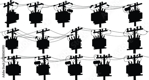 Silhouette vector illustration of utility poles with transformers, insulators, and wires—electrical infrastructure, power distribution system, voltage network, industrial energy grid