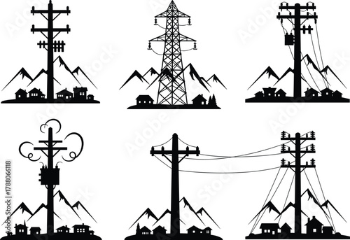 Power poles and transmission towers with mountains and houses silhouettes, energy infrastructure landscape designs, flat vector