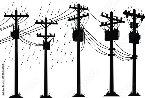 Silhouette utility poles with transformers, electrical wires, stormy rain weather, outdoor power distribution infrastructure flat vector