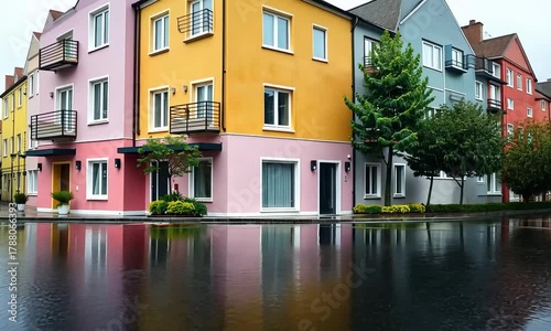 Colorful european buildings reflecting in the flooded street after a heavy rain creating a vibrant urban landscape scene on a cloudy day