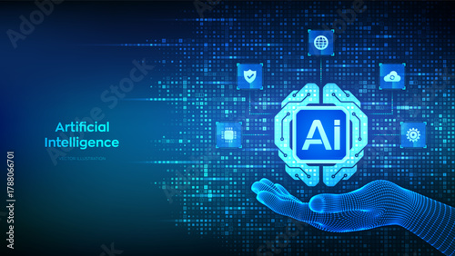 Digital brain icon made with binary code in hand. Artificial Intelligence technology concept. Neural network. Machine learning. Big data. Binary code background with digits 1.0. Vector illustration.
