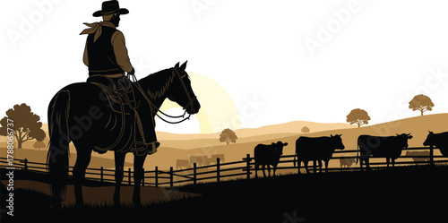 Cowboy, horse, cattle, silhouette, ranch, pasture, sunset, western, livestock, fence, nature, rural, agriculture, vector, black, white, landscape, heritage, cowboy life, illustration