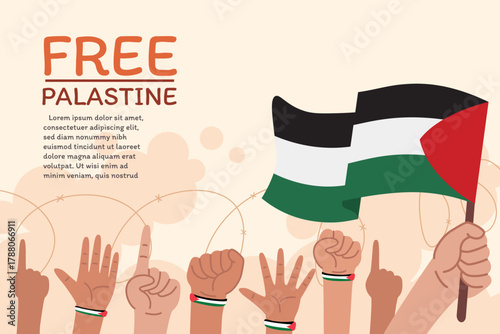 The Palestinian national flag is prominently featured, waving above a diverse group of raised hands.