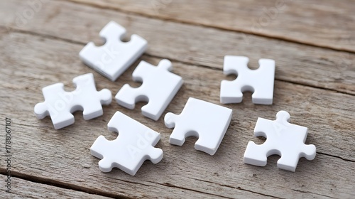 A collection of uncompleted white puzzle pieces are randomly spread across a rustic wooden tabletop evoking ideas of strategy brainstorming and the process of finding solutions