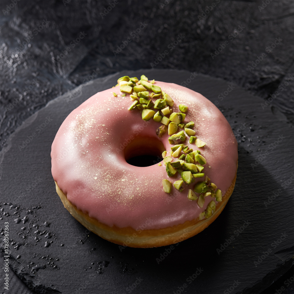 Fototapeta premium Elegant Pink Glazed Donut with Pistachio Nuts on Black Slate Plate