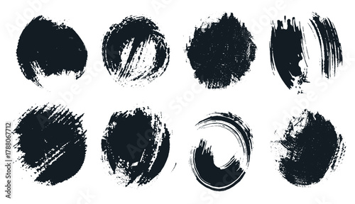 Set of black grunge ink stamp circles, round shape stamp. Collection of round frames. Dirty badges with distressed texture. Scratched blank rubber seal stamp banner shopping badges. Vector paint brush