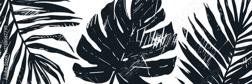 Abstract background banner made of botanical tropical palm monstera leaves branches in the jungle in black ink grunge color. Design for banner poster decoration. Flat style. Vector illustration