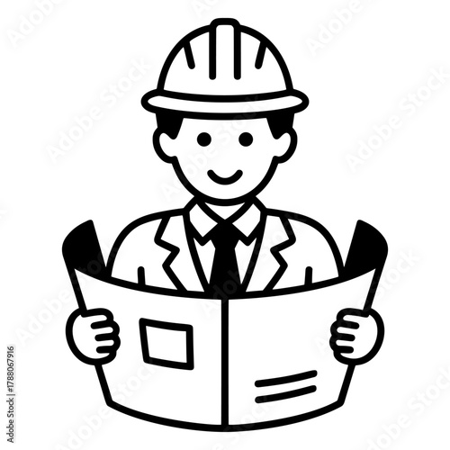 Engineer or architect icon with hard hat and suit holding construction plan or blueprint in black and white style