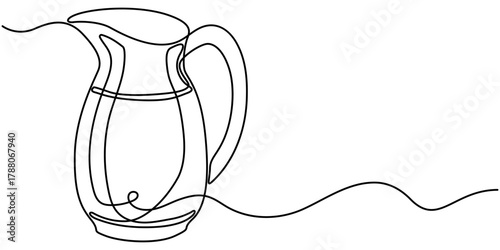 Jug continuous one line drawing in minimalist style isolated outline vector illustration on white background. 