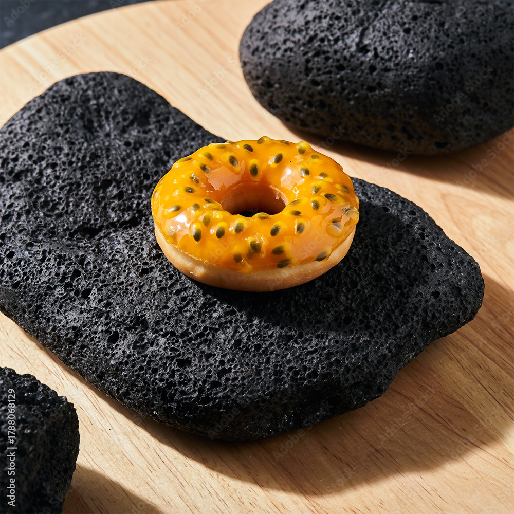 Fototapeta premium Vibrant Passion Fruit Glazed Donut on Black Lava Rock and Wooden Slab
