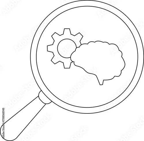 A magnifying glass encloses a brain and gear symbolizing analysis of thought processes