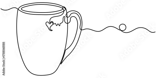 mug continuous one line drawing, One outline drawing, white background, Vector illustration. Editable stroke. 