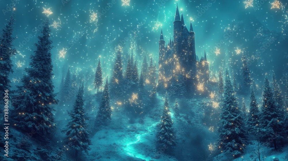 Fototapeta premium A mystical winter scene featuring a snow-covered castle surrounded by tall trees, illuminated by sparkling lights against a deep blue backdrop.