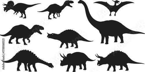 Dinosaur silhouettes, prehistoric creatures, black dinosaur icons, extinct animals, flying reptile, herbivore and carnivore dinosaurs, educational dinosaur graphic, vector illustration