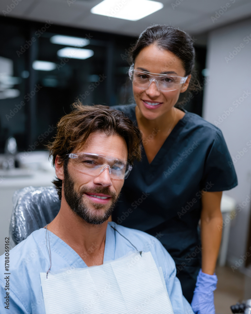 Fototapeta premium A dental professional smiling with a patient seated in the dental chair while preparing for a dental consultation, showcasing a friendly and caring environment.
