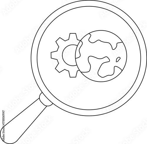A magnifying glass magnifies a gear and a globe outlined in black