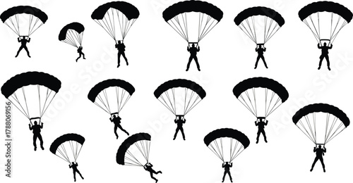 Parachutist silhouettes, skydiving figures, open parachutes, aerial descent, extreme sport, freefall motion, sky adventure, airborne action, parachute jump, flight dynamics
