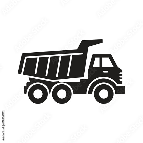 Dump truck icon representing a heavy construction vehicle for a transportation of a loose material like a sand and a gravel