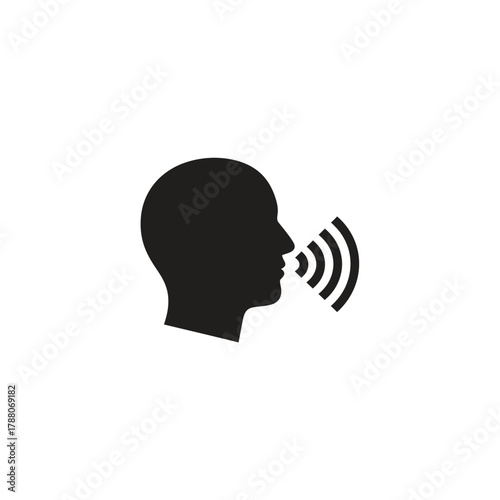Person speaking with a sound wave icon representing a voice command and a communication for a public speech and a conversation