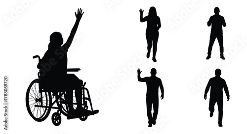 Silhouettes of people in various poses including one person in a wheelchair